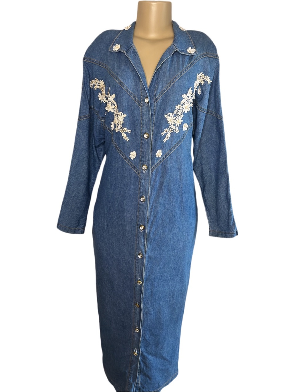 Vintage Monique Fashions Denim Floral Embroidery Maxi Dress